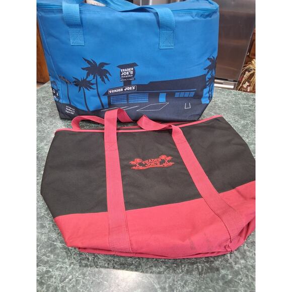 Trader Joe's Handbags - 2- Trader Joe’s Insulated Tote Bags - 8 Gallon Blue - Lg Black Red Embroidered